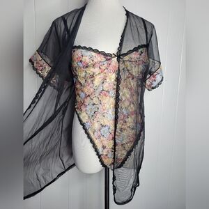 Vintage Sheer Floral Lace Teddy & Robe Matching 2 Piece Set Boudoir Lolita LG